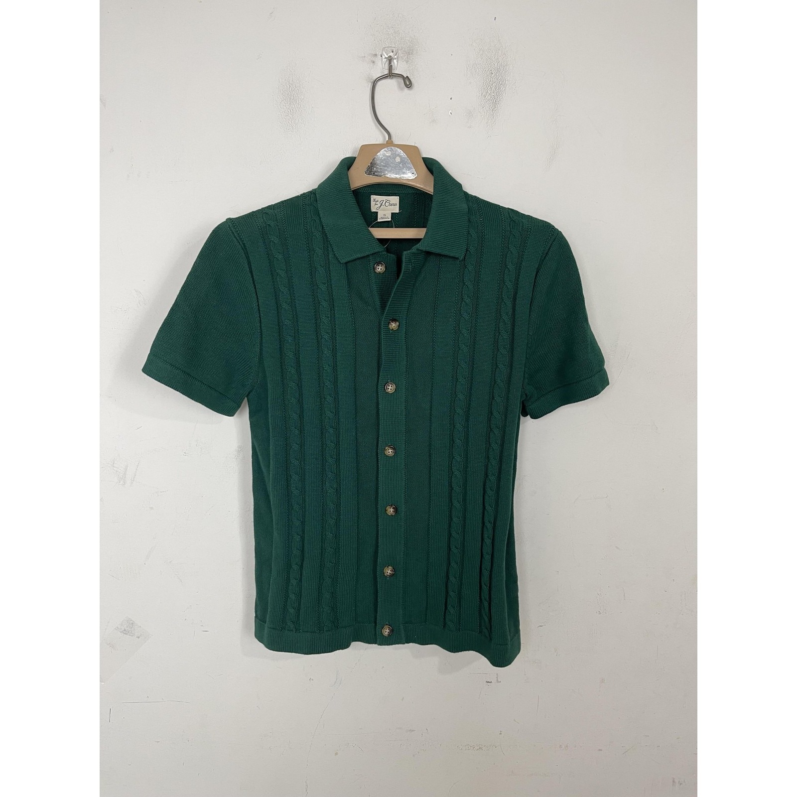 J Crew Sweater Mens Small Green Cotton Cable Knit Short Sleeve Cardigan Sweater